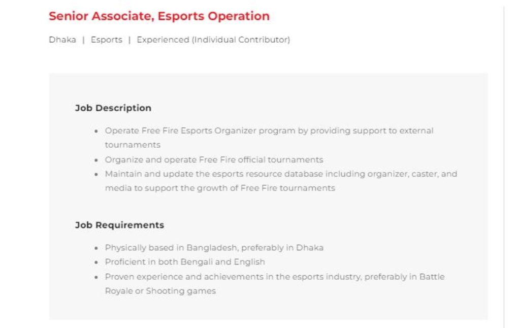 Garena Job Posting for Free Fire in Bangladesh (Image via Garena International)